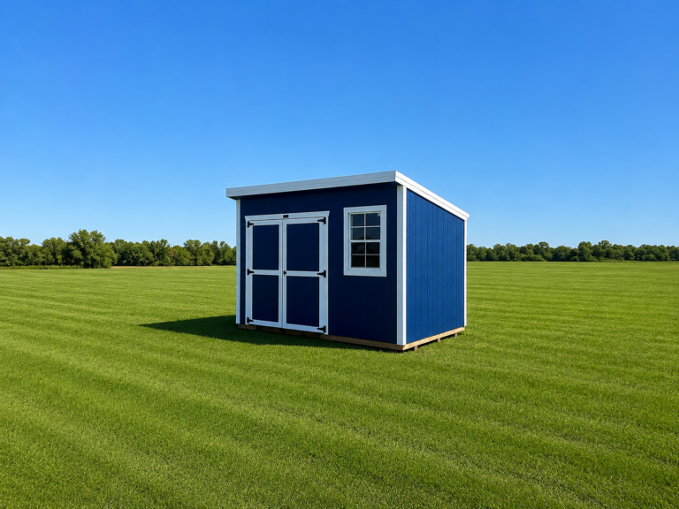 Small blue compact utility building with a door and window
