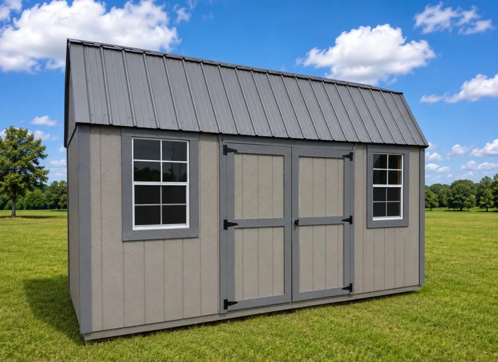 Gray storage shed with double doors and two front windows