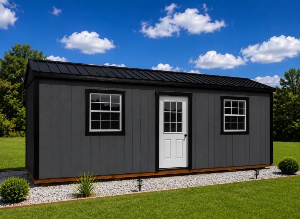 Gray portable workshop or backyard office building with windows and an entry door