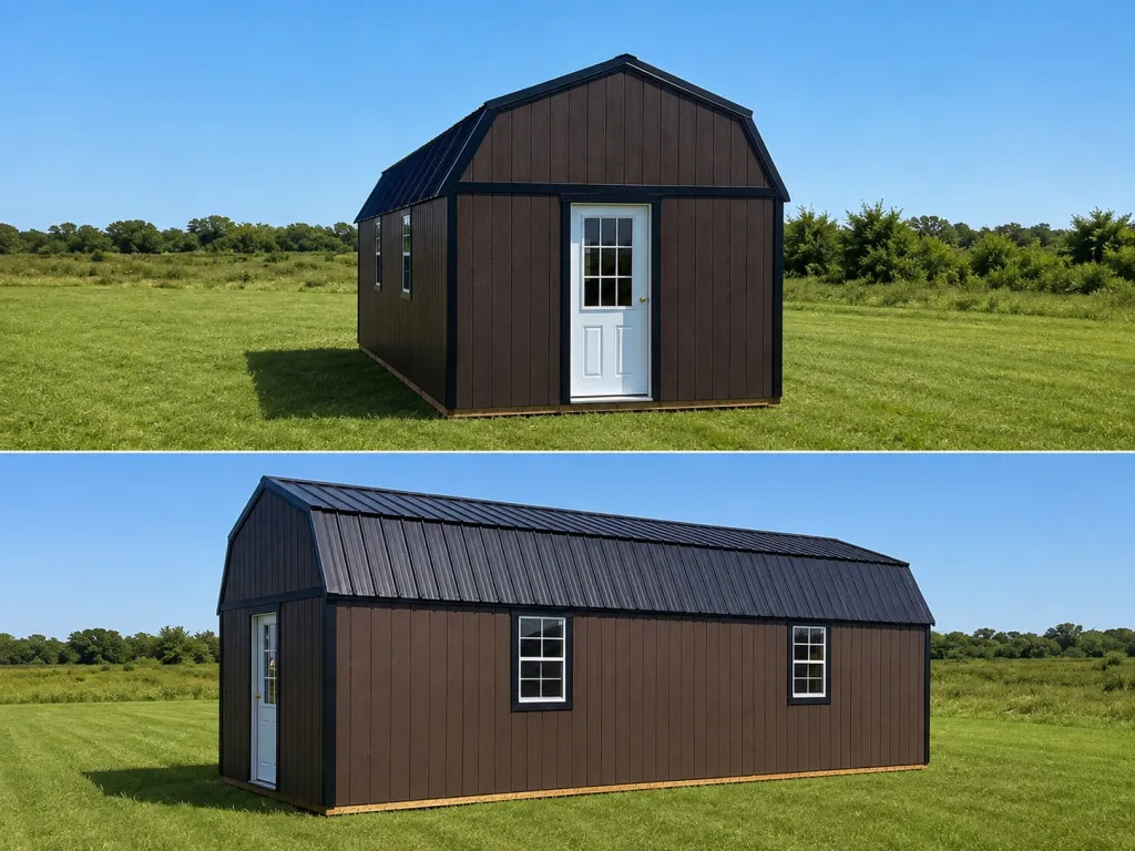 Brown lofted barn portable building shown from front and side