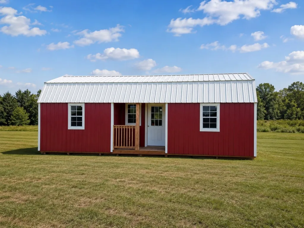 Red cabin-style portable building with a porch, windows, and metal roof