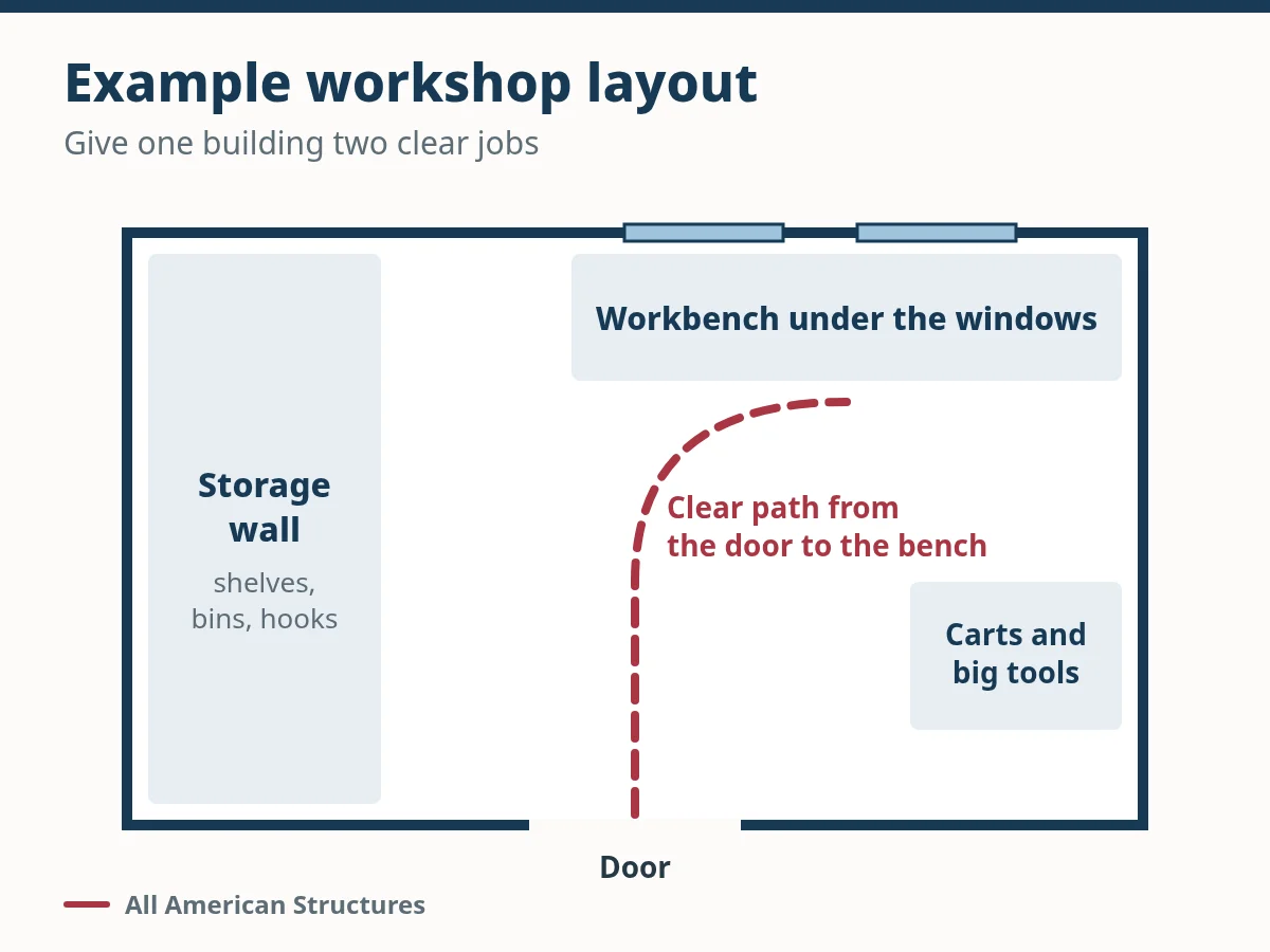 Example workshop floor plan with a storage wall, a workbench under the windows, a spot for carts and large tools, and a clear path from the door to the bench.