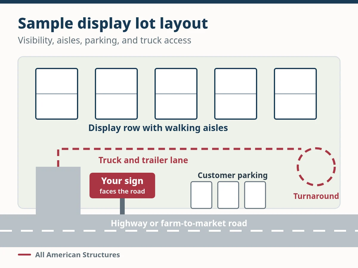 Diagram of a sample portable building display lot: a sign facing the road, customer parking, a row of display buildings with walking aisles, and a truck and trailer lane with a turnaround.