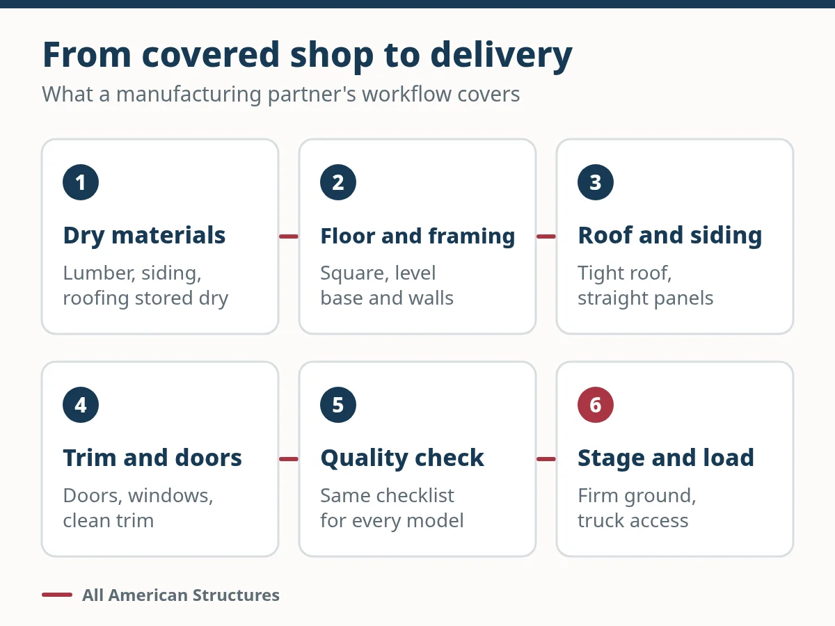 Six-step shop workflow for a portable building partner: dry materials, floor and framing, roof and siding, trim and doors, quality check, and stage and load.